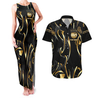 Personalized Golden Tribal Bowling Ball Emblem Couples Matching Tank Maxi Dress and Hawaiian Shirt with Black Abstract Metallic Pattern - Wonder Print Shop
