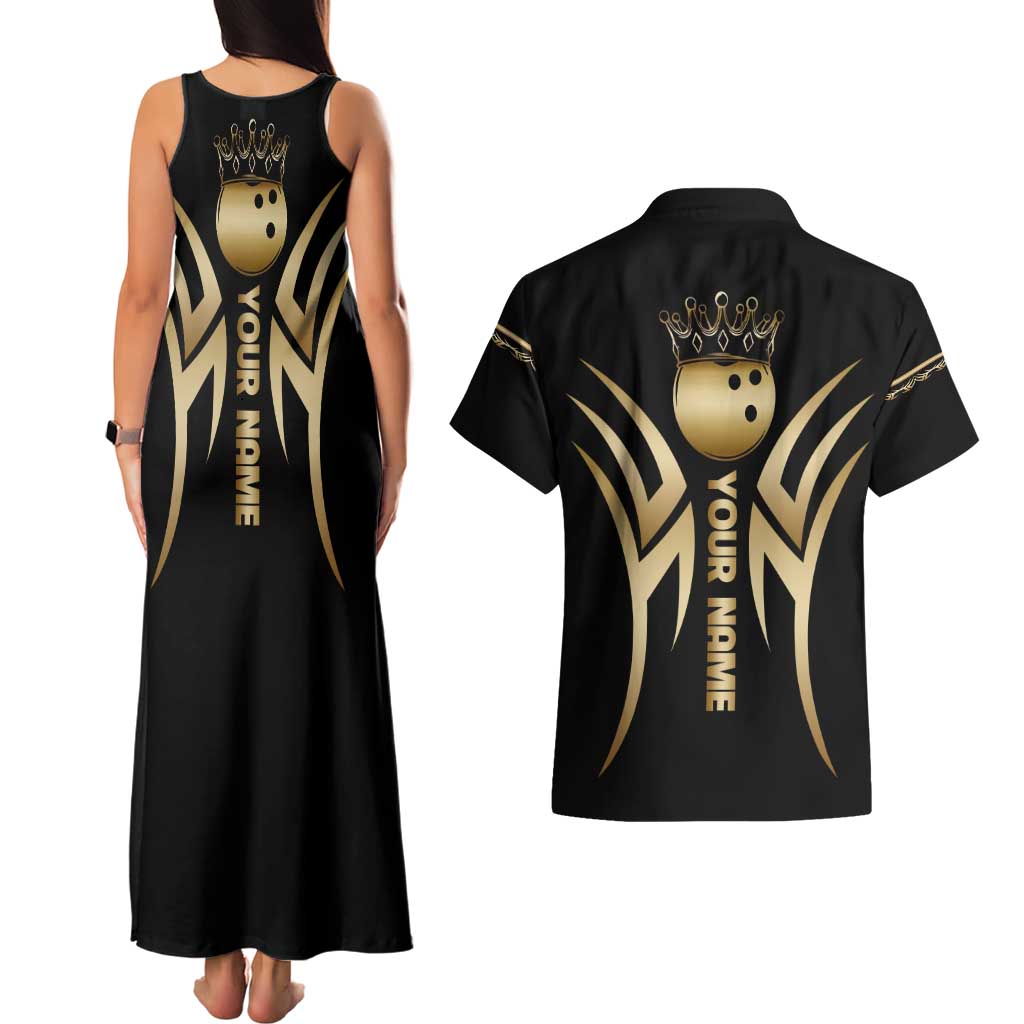 Personalized Golden Tribal Bowling Ball Emblem Couples Matching Tank Maxi Dress and Hawaiian Shirt with Black Abstract Metallic Pattern - Wonder Print Shop