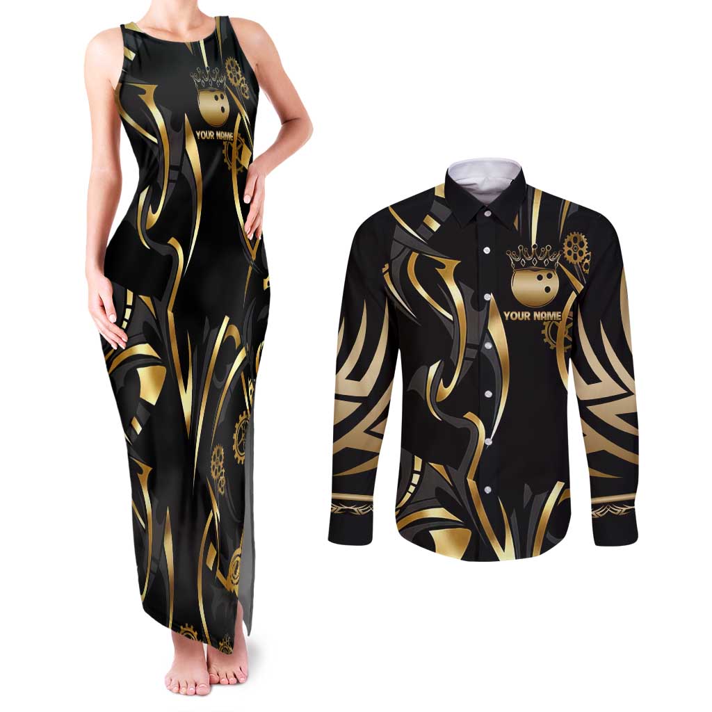 Personalized Golden Tribal Bowling Ball Emblem Couples Matching Tank Maxi Dress and Long Sleeve Button Shirt with Black Abstract Metallic Pattern - Wonder Print Shop