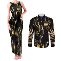Personalized Golden Tribal Bowling Ball Emblem Couples Matching Tank Maxi Dress and Long Sleeve Button Shirt with Black Abstract Metallic Pattern - Wonder Print Shop