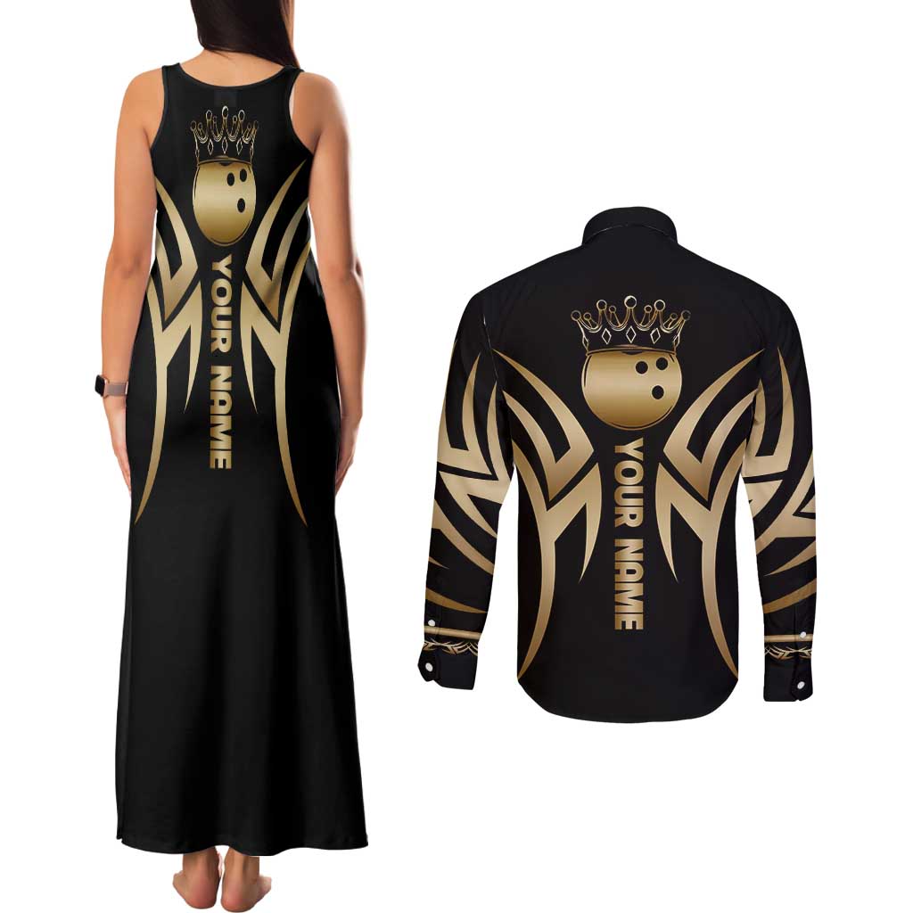 Personalized Golden Tribal Bowling Ball Emblem Couples Matching Tank Maxi Dress and Long Sleeve Button Shirt with Black Abstract Metallic Pattern - Wonder Print Shop