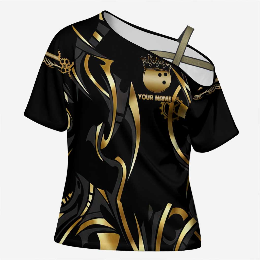 Personalized Golden Tribal Bowling Ball Emblem Cross Shoulder Shirt with Black Abstract Metallic Pattern - Wonder Print Shop