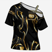 Personalized Golden Tribal Bowling Ball Emblem Cross Shoulder Shirt with Black Abstract Metallic Pattern - Wonder Print Shop