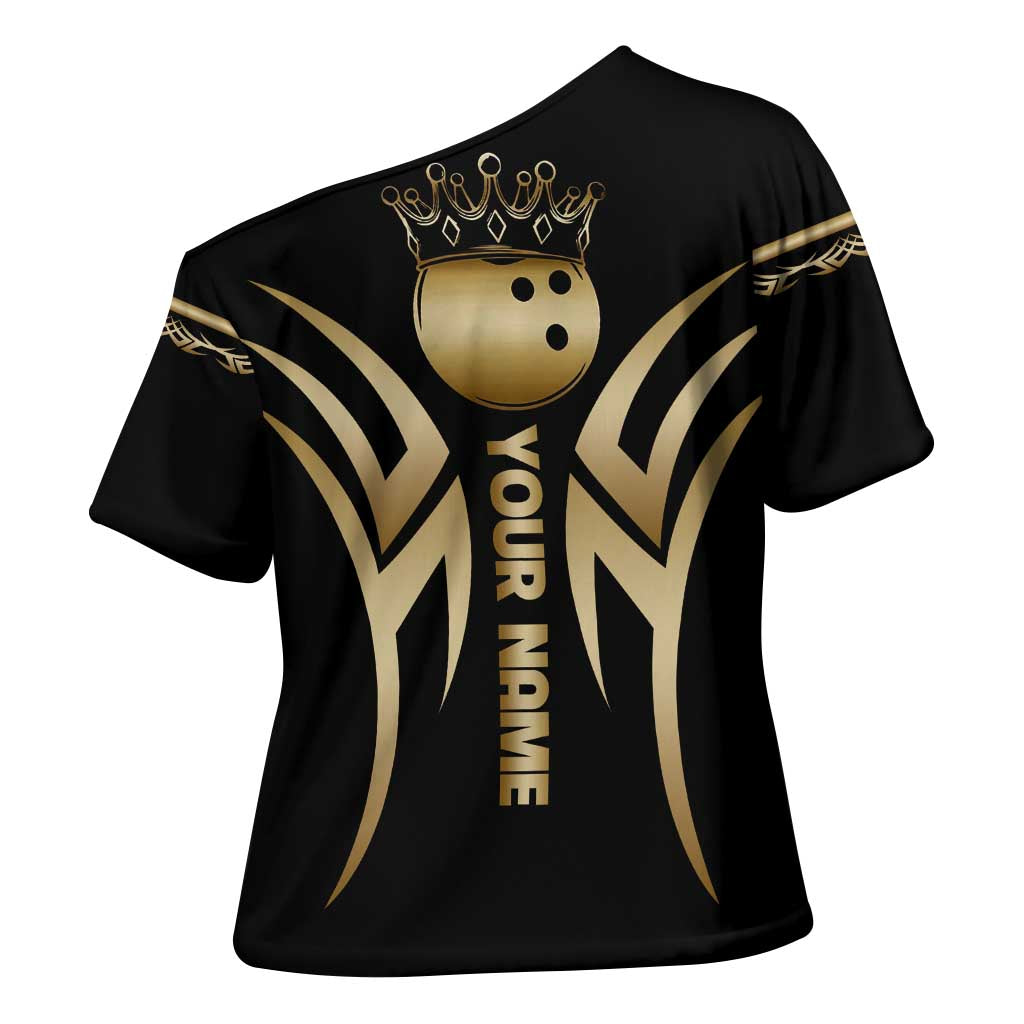 Personalized Golden Tribal Bowling Ball Emblem Cross Shoulder Shirt with Black Abstract Metallic Pattern - Wonder Print Shop