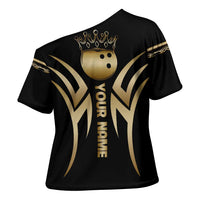 Personalized Golden Tribal Bowling Ball Emblem Cross Shoulder Shirt with Black Abstract Metallic Pattern - Wonder Print Shop