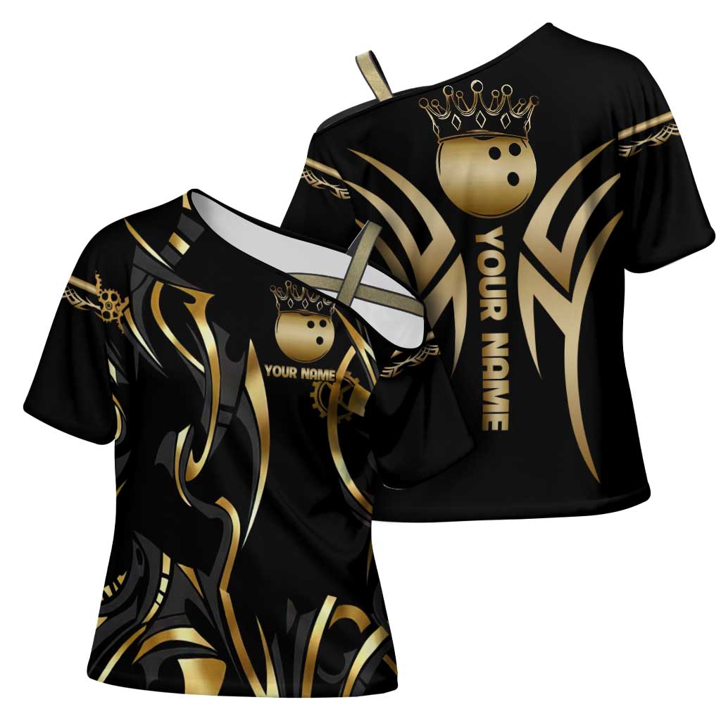 Personalized Golden Tribal Bowling Ball Emblem Cross Shoulder Shirt with Black Abstract Metallic Pattern - Wonder Print Shop