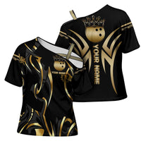 Personalized Golden Tribal Bowling Ball Emblem Cross Shoulder Shirt with Black Abstract Metallic Pattern - Wonder Print Shop