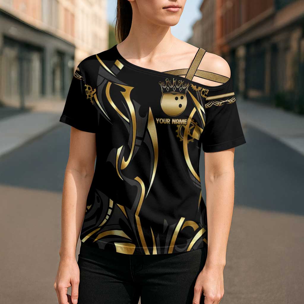 Personalized Golden Tribal Bowling Ball Emblem Cross Shoulder Shirt with Black Abstract Metallic Pattern - Wonder Print Shop