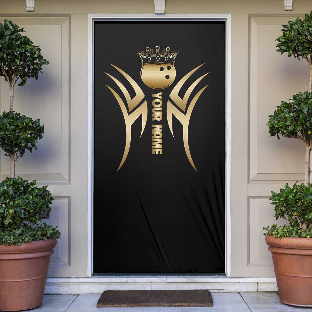 Personalized Golden Tribal Bowling Ball Emblem Door Cover with Black Abstract Metallic Pattern - Wonder Print Shop