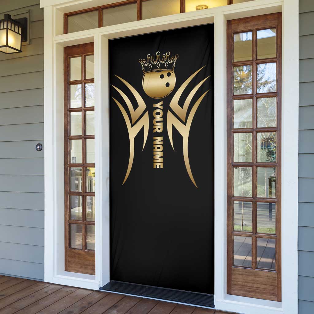 Personalized Golden Tribal Bowling Ball Emblem Door Cover with Black Abstract Metallic Pattern - Wonder Print Shop