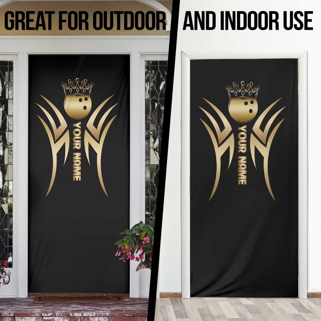 Personalized Golden Tribal Bowling Ball Emblem Door Cover with Black Abstract Metallic Pattern - Wonder Print Shop