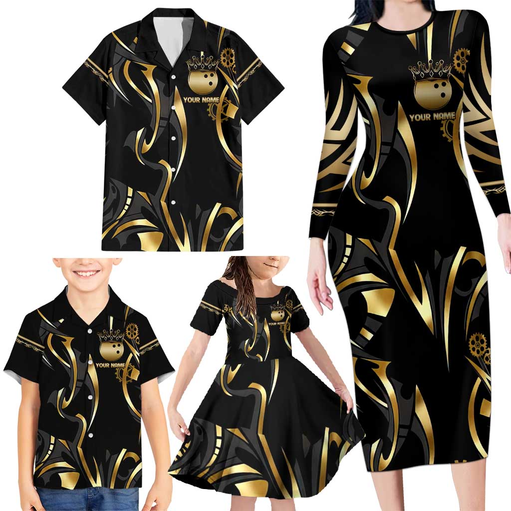 Personalized Golden Tribal Bowling Ball Emblem Family Matching Long Sleeve Bodycon Dress and Hawaiian Shirt with Black Abstract Metallic Pattern - Wonder Print Shop