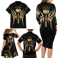 Personalized Golden Tribal Bowling Ball Emblem Family Matching Long Sleeve Bodycon Dress and Hawaiian Shirt with Black Abstract Metallic Pattern - Wonder Print Shop