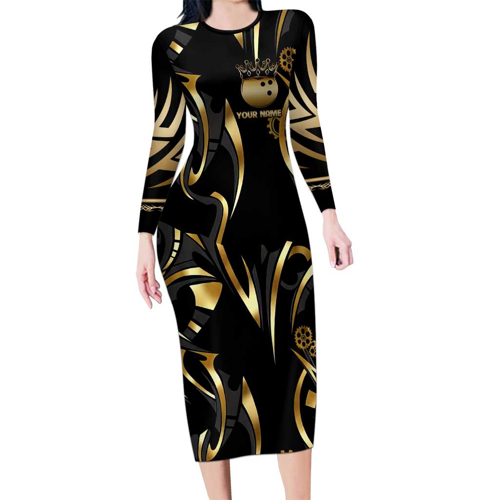 Personalized Golden Tribal Bowling Ball Emblem Family Matching Long Sleeve Bodycon Dress and Hawaiian Shirt with Black Abstract Metallic Pattern - Wonder Print Shop