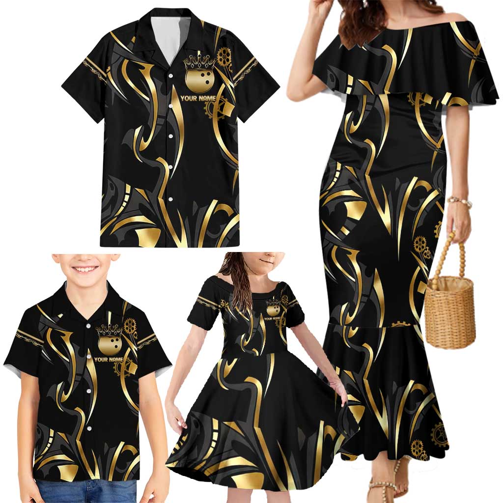 Personalized Golden Tribal Bowling Ball Emblem Family Matching Mermaid Dress and Hawaiian Shirt with Black Abstract Metallic Pattern - Wonder Print Shop