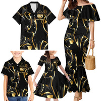 Personalized Golden Tribal Bowling Ball Emblem Family Matching Mermaid Dress and Hawaiian Shirt with Black Abstract Metallic Pattern - Wonder Print Shop