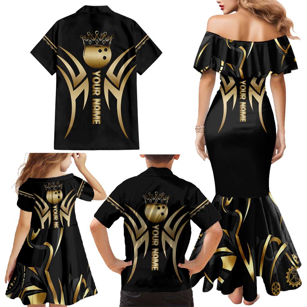 Personalized Golden Tribal Bowling Ball Emblem Family Matching Mermaid Dress and Hawaiian Shirt with Black Abstract Metallic Pattern - Wonder Print Shop