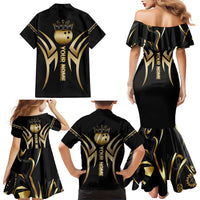 Personalized Golden Tribal Bowling Ball Emblem Family Matching Mermaid Dress and Hawaiian Shirt with Black Abstract Metallic Pattern - Wonder Print Shop