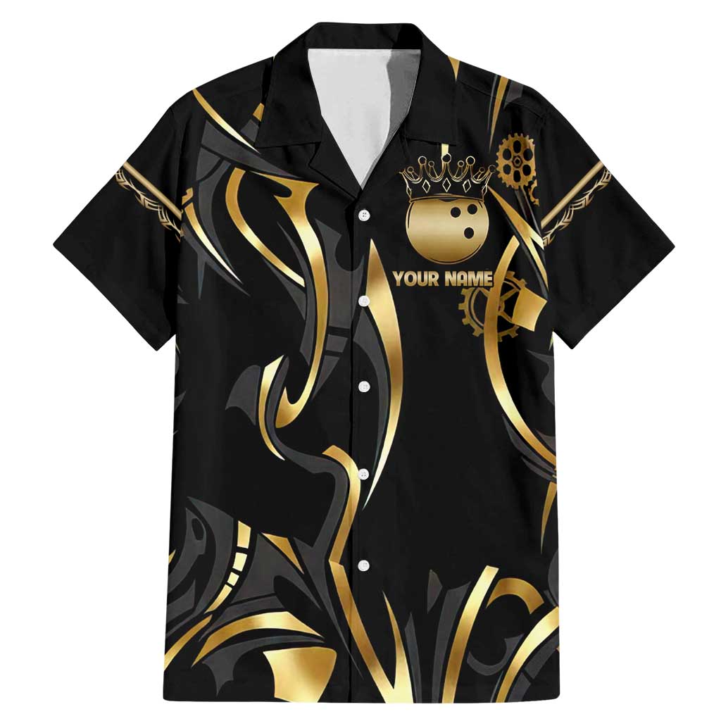 Personalized Golden Tribal Bowling Ball Emblem Family Matching Mermaid Dress and Hawaiian Shirt with Black Abstract Metallic Pattern - Wonder Print Shop