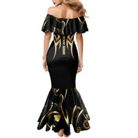 Personalized Golden Tribal Bowling Ball Emblem Family Matching Mermaid Dress and Hawaiian Shirt with Black Abstract Metallic Pattern - Wonder Print Shop