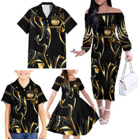 Personalized Golden Tribal Bowling Ball Emblem Family Matching Off The Shoulder Long Sleeve Dress and Hawaiian Shirt with Black Abstract Metallic Pattern - Wonder Print Shop