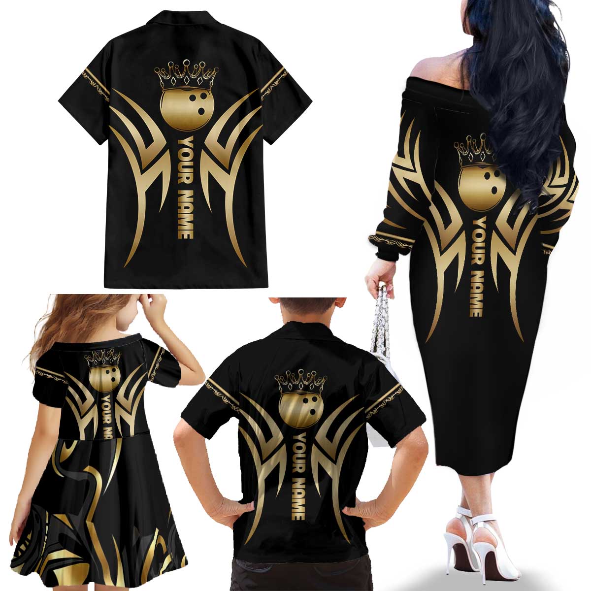 Personalized Golden Tribal Bowling Ball Emblem Family Matching Off The Shoulder Long Sleeve Dress and Hawaiian Shirt with Black Abstract Metallic Pattern - Wonder Print Shop