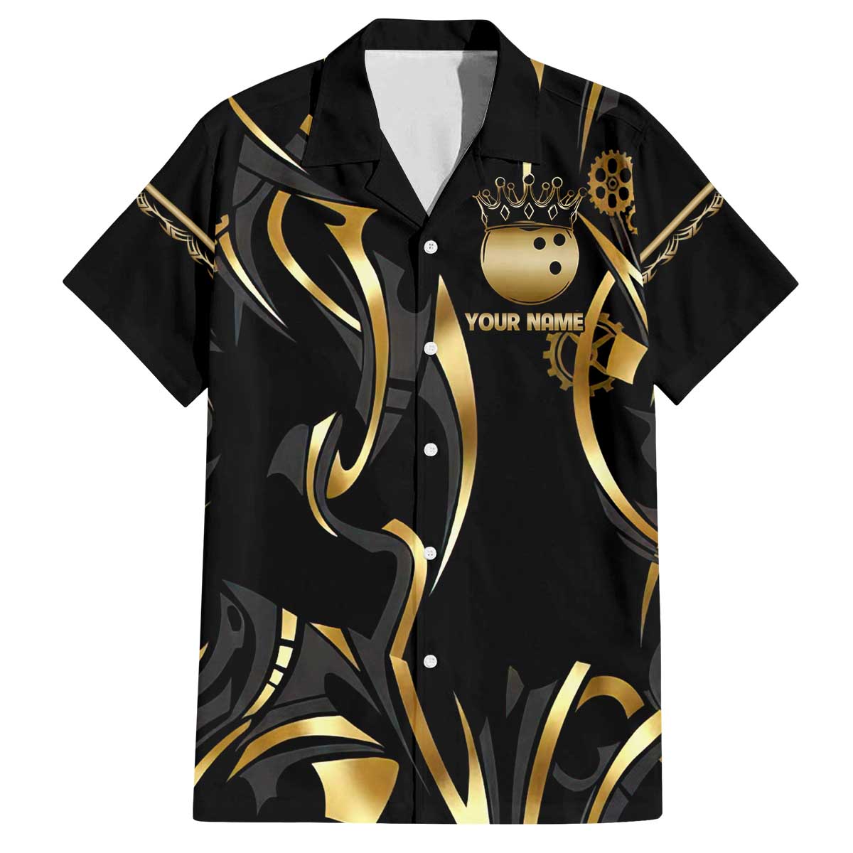 Personalized Golden Tribal Bowling Ball Emblem Family Matching Off The Shoulder Long Sleeve Dress and Hawaiian Shirt with Black Abstract Metallic Pattern - Wonder Print Shop