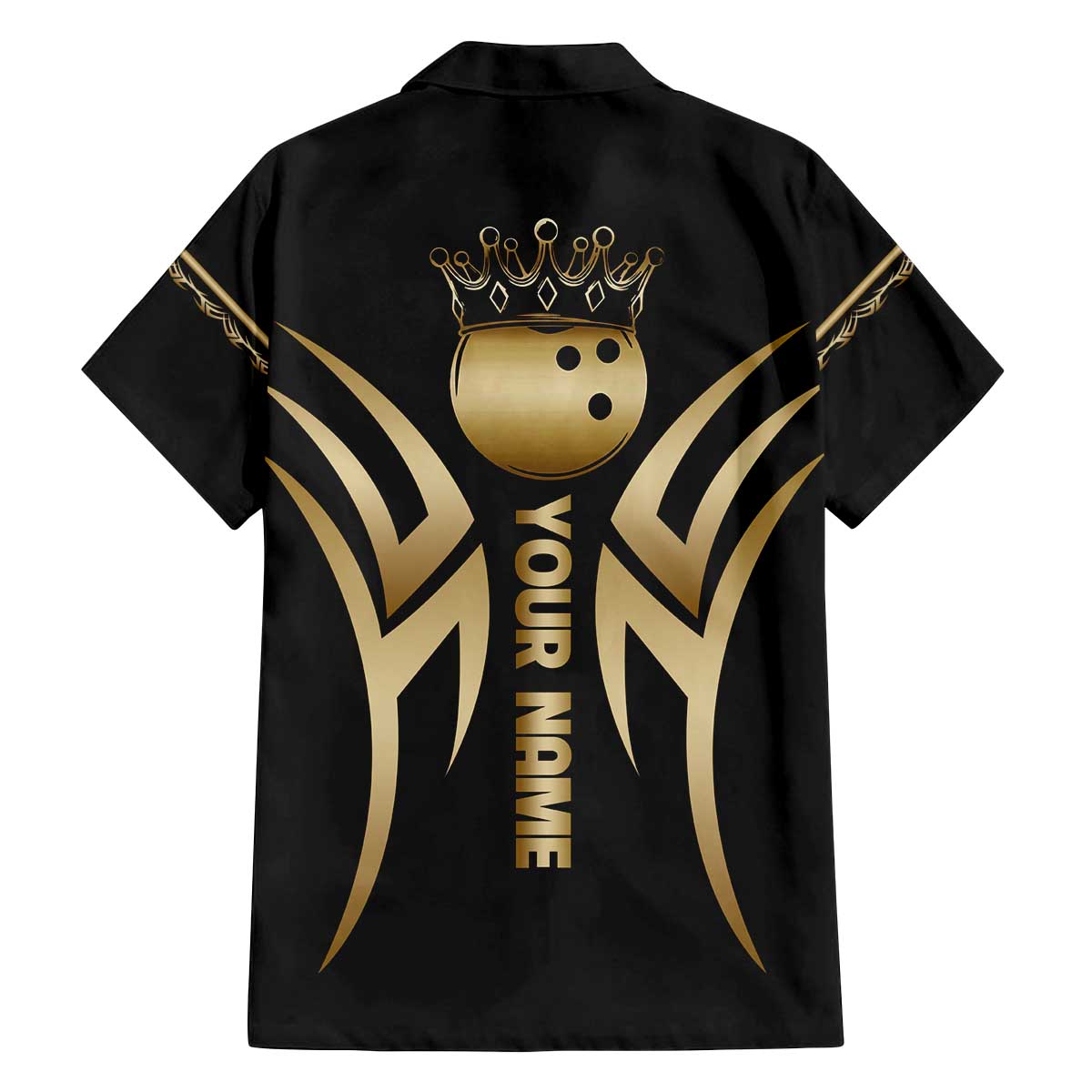Personalized Golden Tribal Bowling Ball Emblem Family Matching Off The Shoulder Long Sleeve Dress and Hawaiian Shirt with Black Abstract Metallic Pattern - Wonder Print Shop