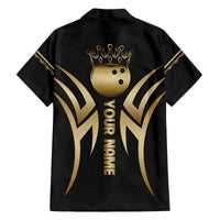 Personalized Golden Tribal Bowling Ball Emblem Family Matching Off The Shoulder Long Sleeve Dress and Hawaiian Shirt with Black Abstract Metallic Pattern - Wonder Print Shop