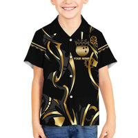 Personalized Golden Tribal Bowling Ball Emblem Family Matching Off The Shoulder Long Sleeve Dress and Hawaiian Shirt with Black Abstract Metallic Pattern - Wonder Print Shop
