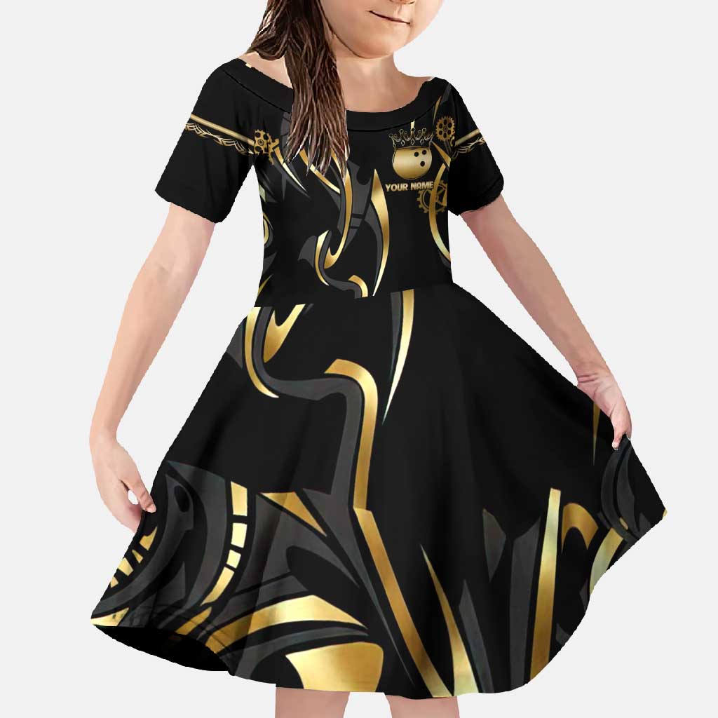 Personalized Golden Tribal Bowling Ball Emblem Family Matching Off Shoulder Maxi Dress and Hawaiian Shirt with Black Abstract Metallic Pattern - Wonder Print Shop