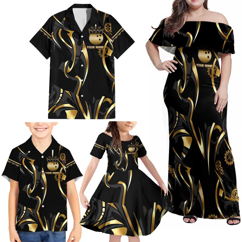 Personalized Golden Tribal Bowling Ball Emblem Family Matching Off Shoulder Maxi Dress and Hawaiian Shirt with Black Abstract Metallic Pattern - Wonder Print Shop