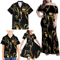 Personalized Golden Tribal Bowling Ball Emblem Family Matching Off Shoulder Maxi Dress and Hawaiian Shirt with Black Abstract Metallic Pattern - Wonder Print Shop