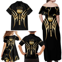 Personalized Golden Tribal Bowling Ball Emblem Family Matching Off Shoulder Maxi Dress and Hawaiian Shirt with Black Abstract Metallic Pattern - Wonder Print Shop