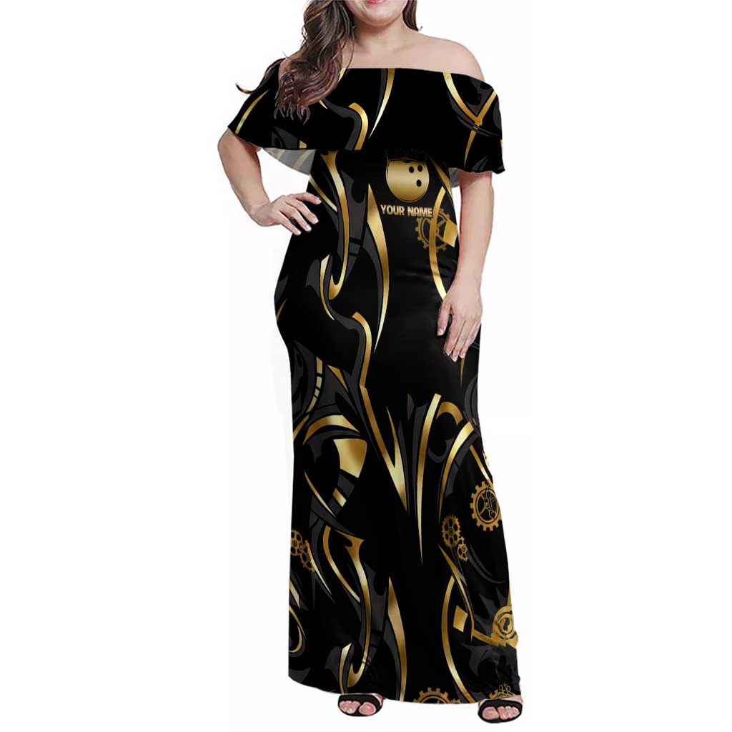 Personalized Golden Tribal Bowling Ball Emblem Family Matching Off Shoulder Maxi Dress and Hawaiian Shirt with Black Abstract Metallic Pattern - Wonder Print Shop