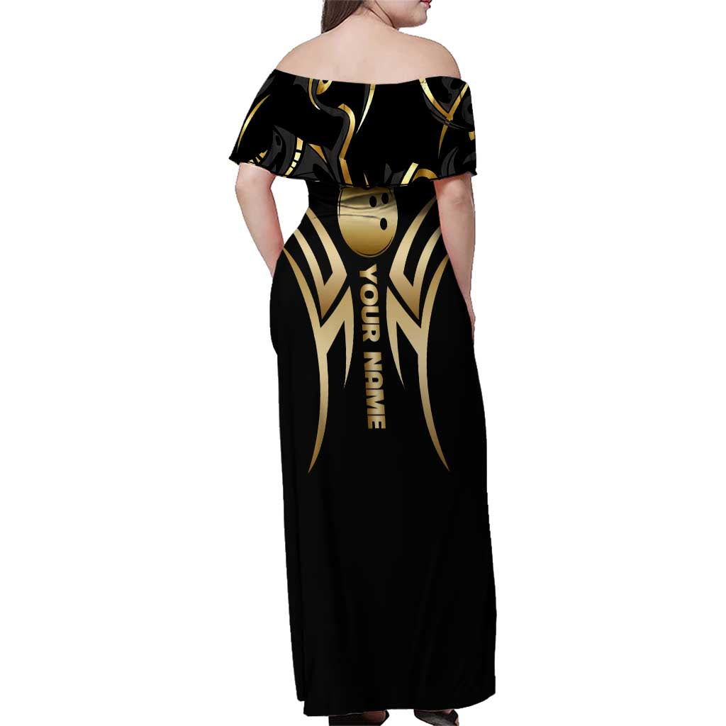 Personalized Golden Tribal Bowling Ball Emblem Family Matching Off Shoulder Maxi Dress and Hawaiian Shirt with Black Abstract Metallic Pattern - Wonder Print Shop