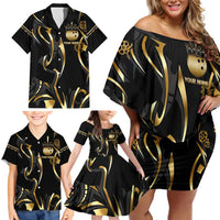 Personalized Golden Tribal Bowling Ball Emblem Family Matching Off Shoulder Short Dress and Hawaiian Shirt with Black Abstract Metallic Pattern - Wonder Print Shop