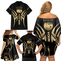 Personalized Golden Tribal Bowling Ball Emblem Family Matching Off Shoulder Short Dress and Hawaiian Shirt with Black Abstract Metallic Pattern - Wonder Print Shop