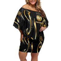 Personalized Golden Tribal Bowling Ball Emblem Family Matching Off Shoulder Short Dress and Hawaiian Shirt with Black Abstract Metallic Pattern - Wonder Print Shop