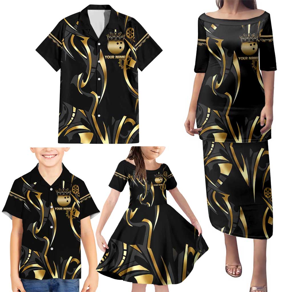Personalized Golden Tribal Bowling Ball Emblem Family Matching Puletasi and Hawaiian Shirt with Black Abstract Metallic Pattern - Wonder Print Shop