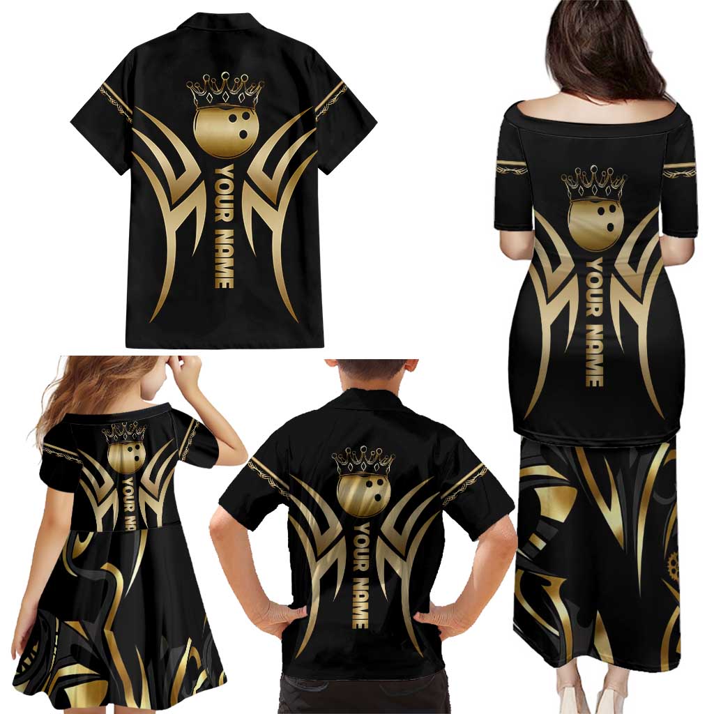 Personalized Golden Tribal Bowling Ball Emblem Family Matching Puletasi and Hawaiian Shirt with Black Abstract Metallic Pattern - Wonder Print Shop