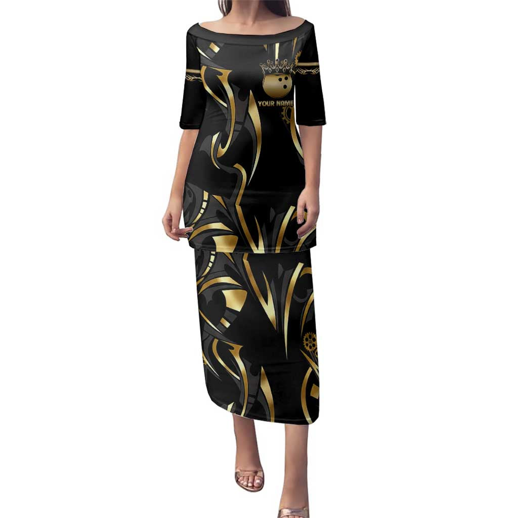 Personalized Golden Tribal Bowling Ball Emblem Family Matching Puletasi and Hawaiian Shirt with Black Abstract Metallic Pattern - Wonder Print Shop