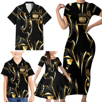 Personalized Golden Tribal Bowling Ball Emblem Family Matching Short Sleeve Bodycon Dress and Hawaiian Shirt with Black Abstract Metallic Pattern - Wonder Print Shop