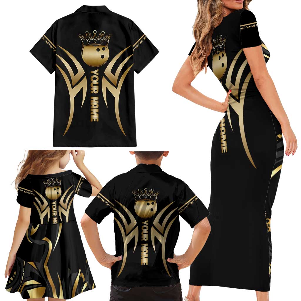 Personalized Golden Tribal Bowling Ball Emblem Family Matching Short Sleeve Bodycon Dress and Hawaiian Shirt with Black Abstract Metallic Pattern - Wonder Print Shop
