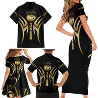 Personalized Golden Tribal Bowling Ball Emblem Family Matching Short Sleeve Bodycon Dress and Hawaiian Shirt with Black Abstract Metallic Pattern - Wonder Print Shop