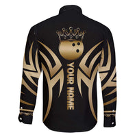 Personalized Golden Tribal Bowling Ball Emblem Family Matching Short Sleeve Bodycon Dress and Hawaiian Shirt with Black Abstract Metallic Pattern - Wonder Print Shop