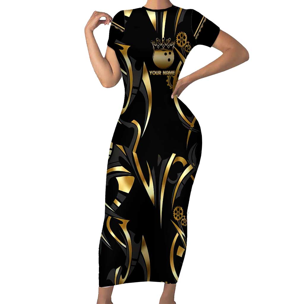 Personalized Golden Tribal Bowling Ball Emblem Family Matching Short Sleeve Bodycon Dress and Hawaiian Shirt with Black Abstract Metallic Pattern - Wonder Print Shop