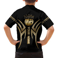 Personalized Golden Tribal Bowling Ball Emblem Family Matching Summer Maxi Dress and Hawaiian Shirt with Black Abstract Metallic Pattern - Wonder Print Shop