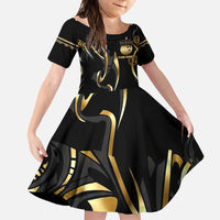 Personalized Golden Tribal Bowling Ball Emblem Family Matching Summer Maxi Dress and Hawaiian Shirt with Black Abstract Metallic Pattern - Wonder Print Shop