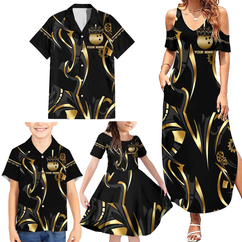 Personalized Golden Tribal Bowling Ball Emblem Family Matching Summer Maxi Dress and Hawaiian Shirt with Black Abstract Metallic Pattern - Wonder Print Shop